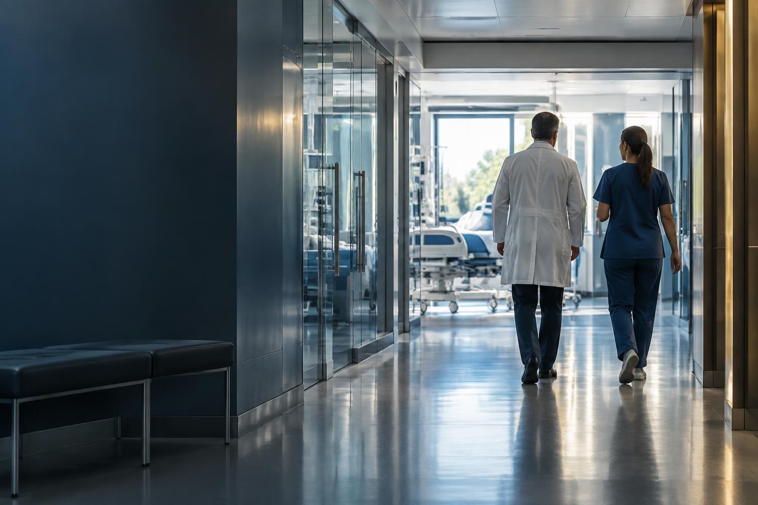 Clinicians walking through a hospital corridor