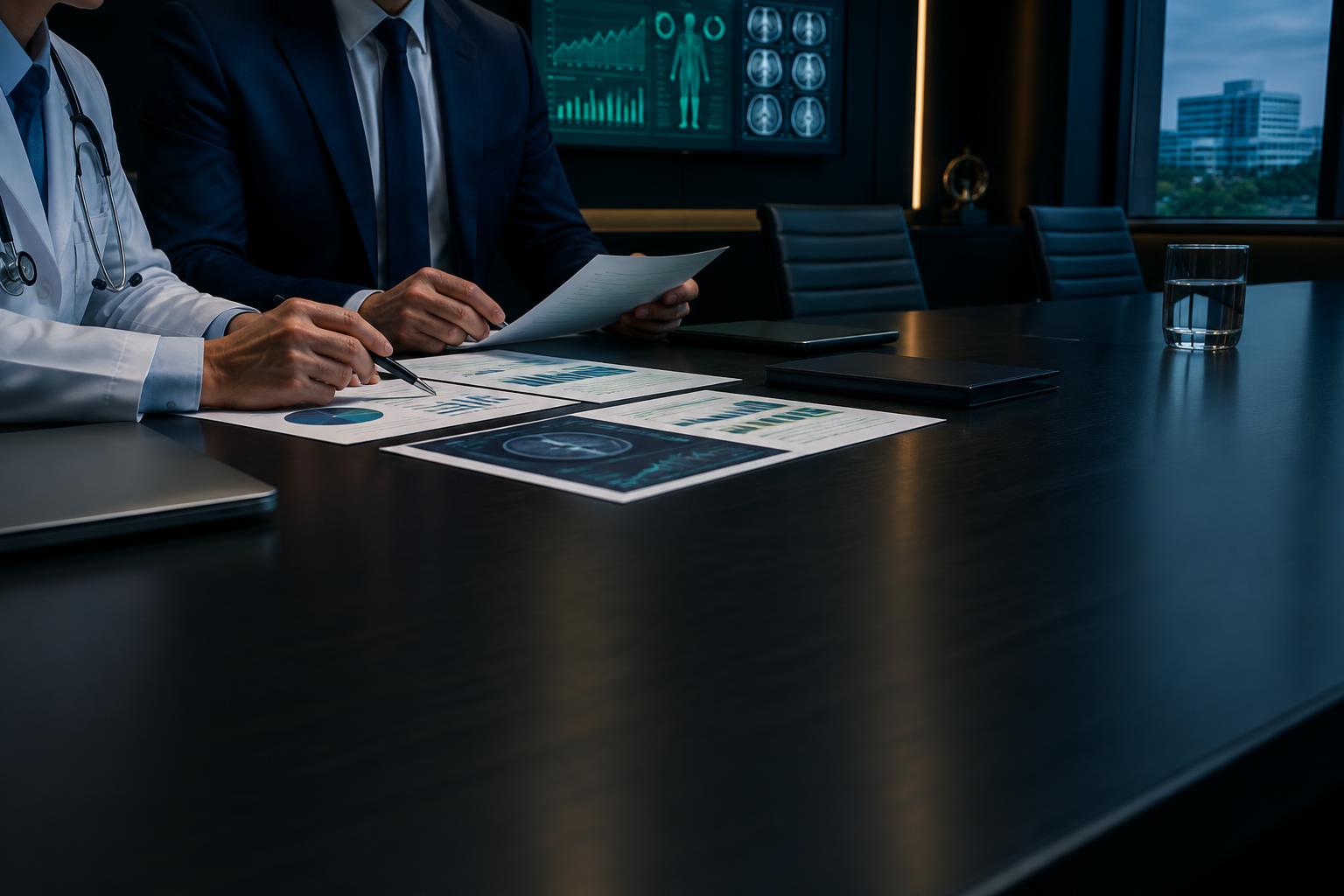 Physician and executive reviewing healthcare operational evidence
